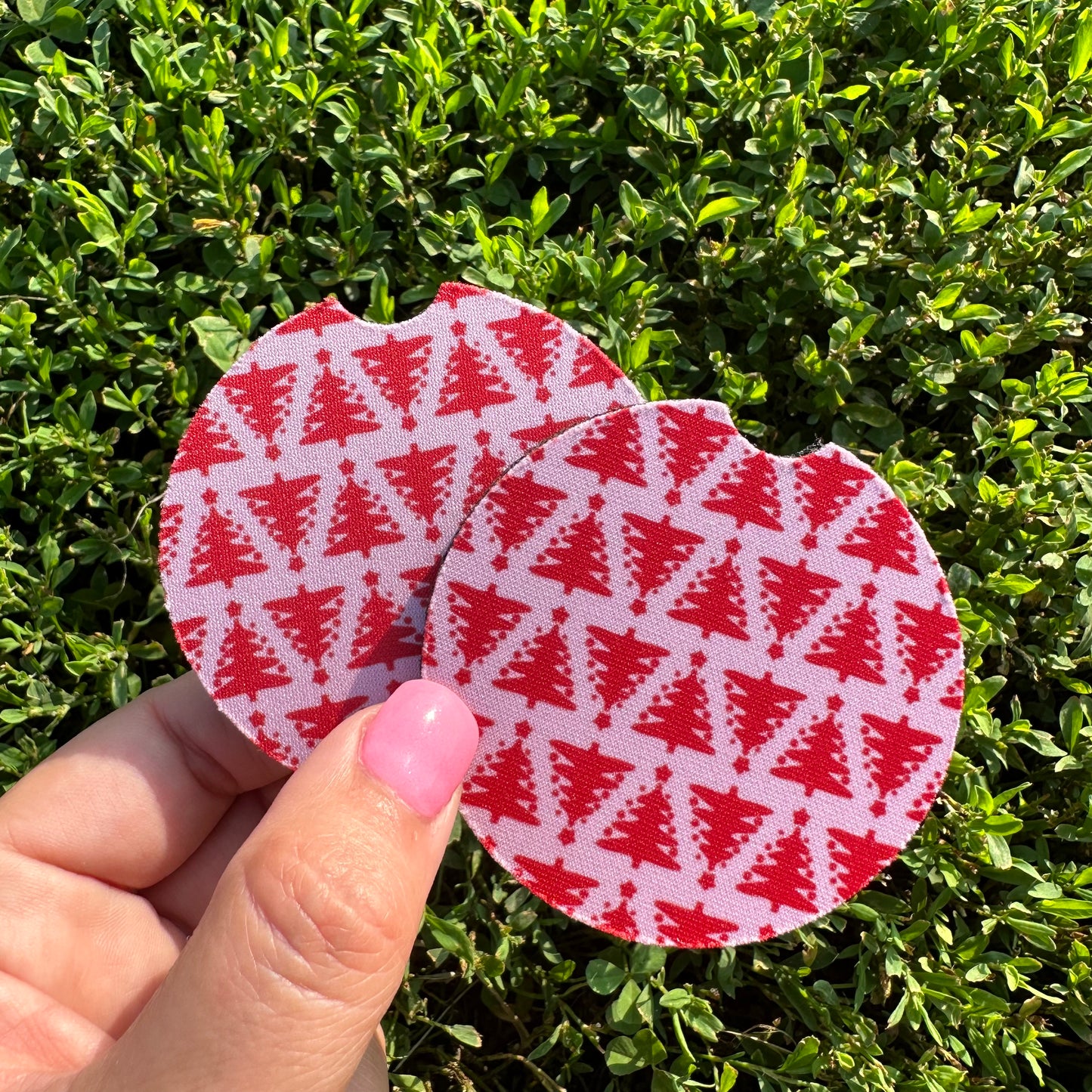 Pink & Red Christmas Tree Car Coasters