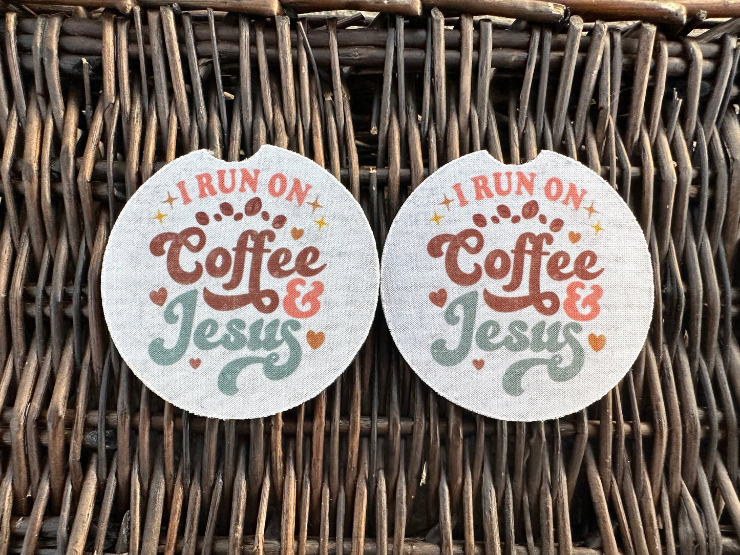 I Run On Coffee & Jesus Car Coasters