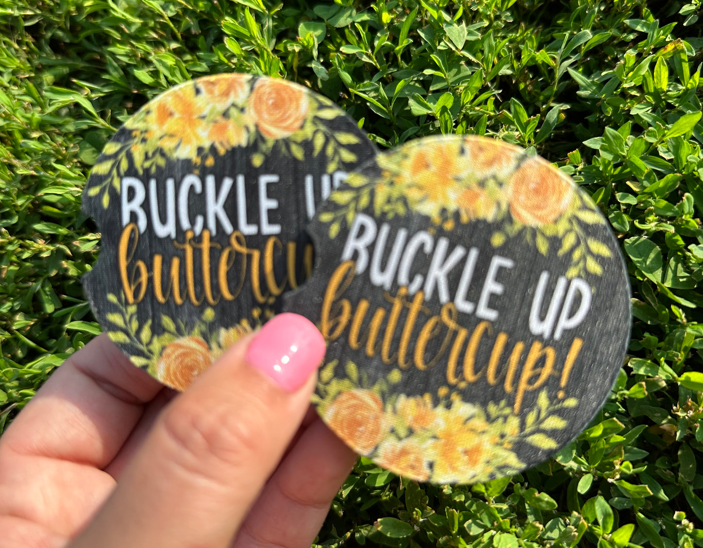 Buckle Up Buttercup Yellow Car Coasters