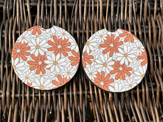 Orange & White Floral Car Coasters