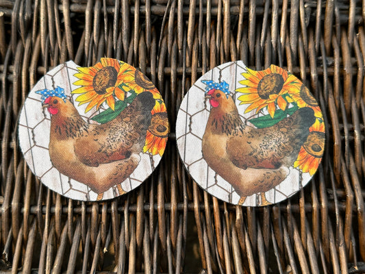 Sunflower Chicken Car Coasters