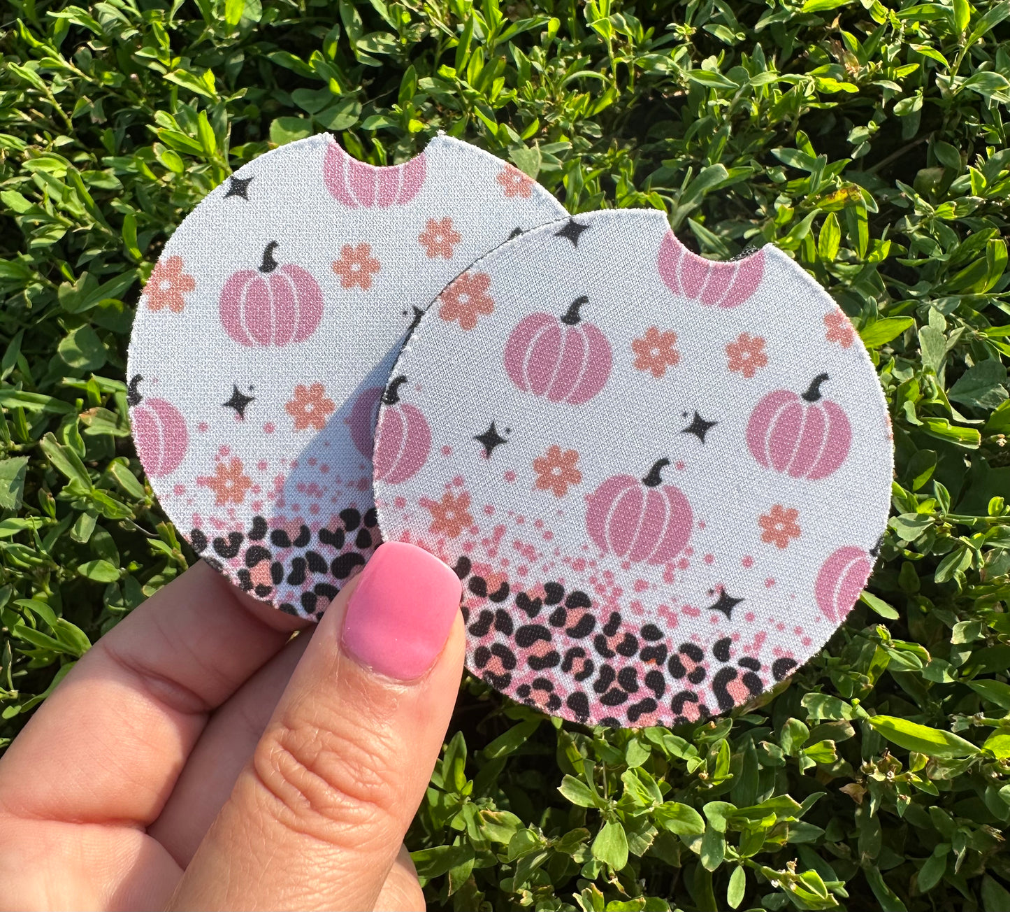 White & Pink Pumpkin Car Coasters
