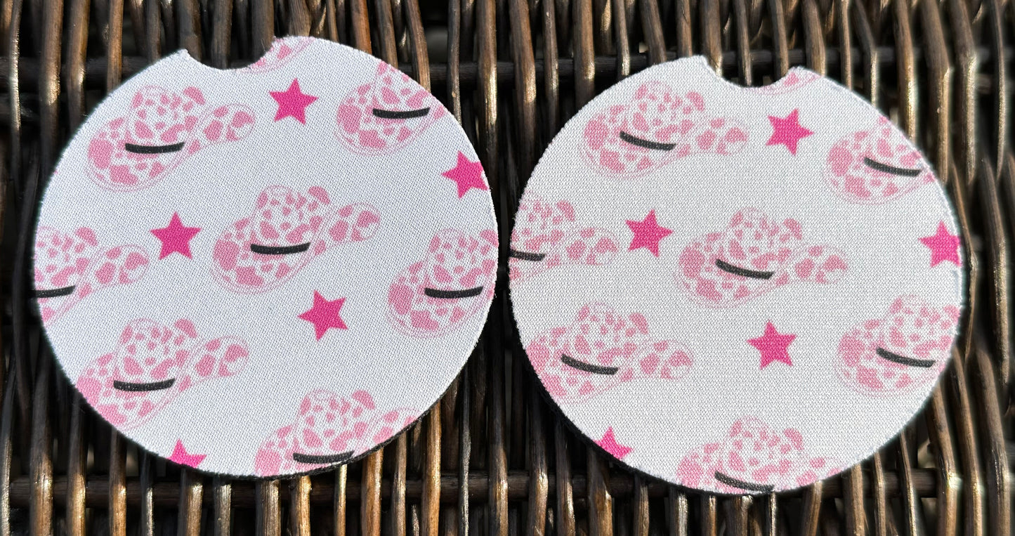 Pink Cow Print Hat Car Coasters